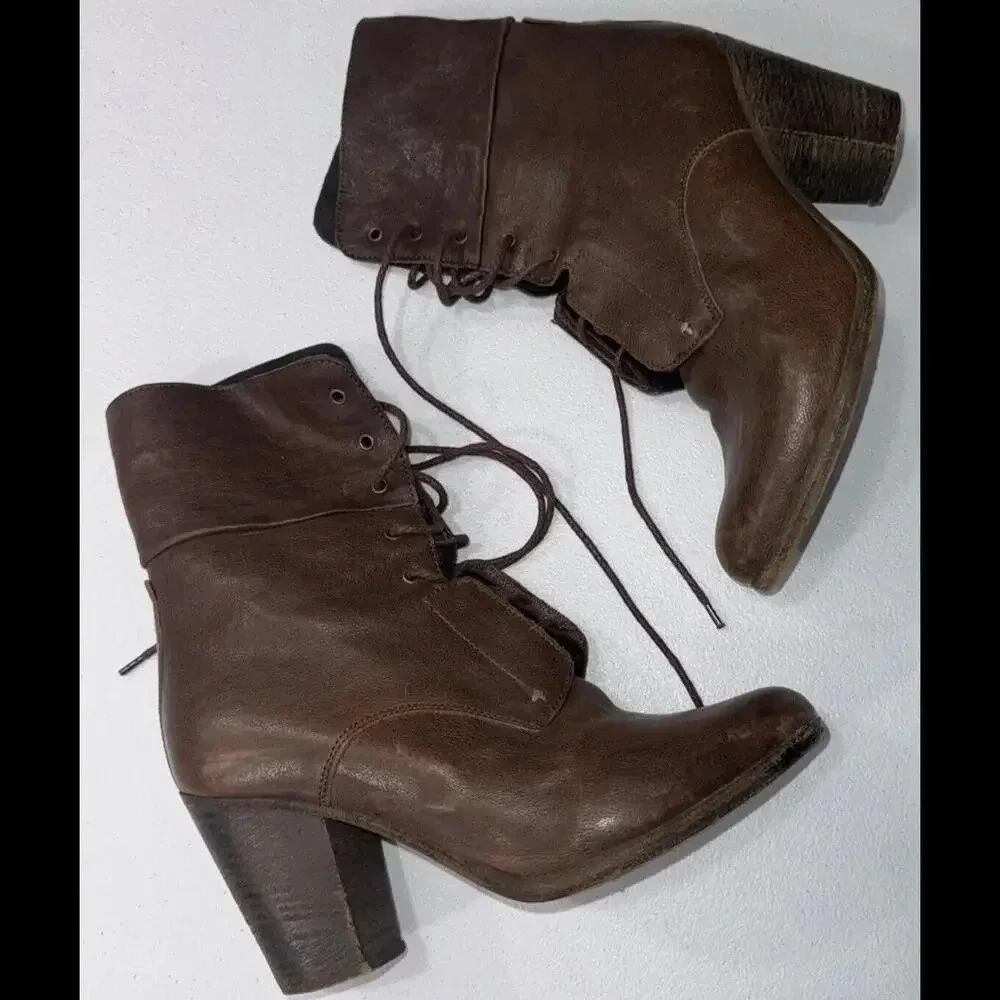 Rag & Bone Heeled Brown Boho Classic Designer Lace Up Italian Leather Boots 39.5